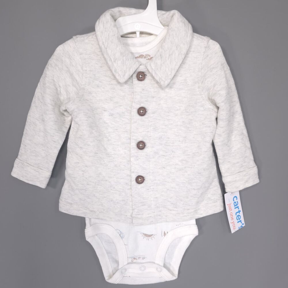 CARTERS‎ Baby Boy New Outfit 2 Pc Set Bodysuit Jacket 6M Gray White  1S260510